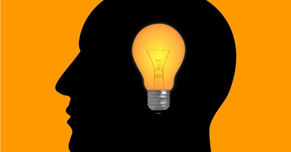 Important business terms for entrepreneurs illustrated by a human head silhouette with a lightbulb