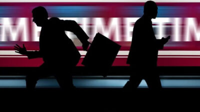 Anxiety and depression in entrepreneurship shown through silhouetted professionals under pressure