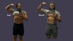 Mario McKenzie before and after photos showing 45-day keto diet experiment transformation results with visible fat loss
