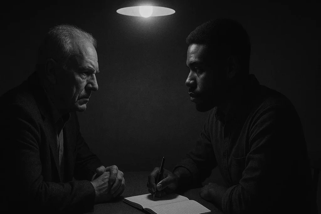 Silhouette of an older mentor and younger mentee talking at a table with a notebook and pen, symbolizing Steve’s guidance and belief that shaped my journey.