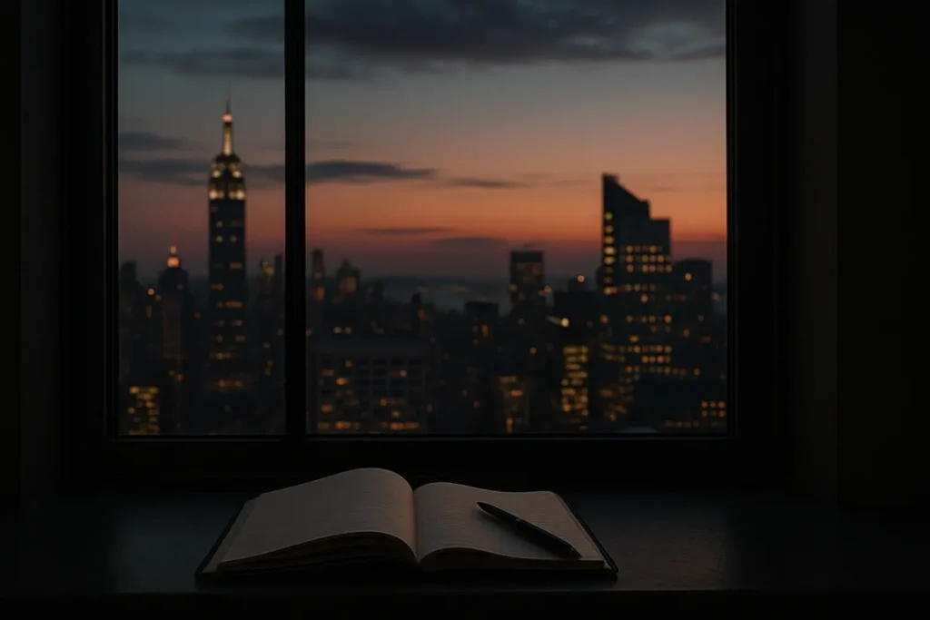City skyline at dusk seen through a window with an open notebook and pen, symbolizing mentorship, ambition, and the dream Steve reignited in me.