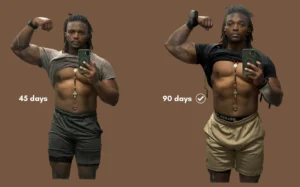 Side-by-side photo comparison of Mario McKenzie at 45 days and 90 days on keto, showing weight loss, leaner waistline, and physical transformation results.