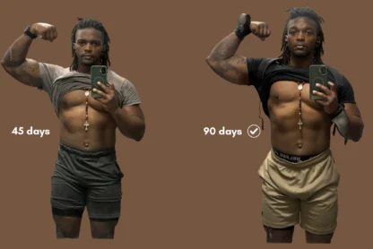 Side-by-side photo comparison of Mario McKenzie at 45 days and 90 days on keto, showing weight loss, leaner waistline, and physical transformation results.