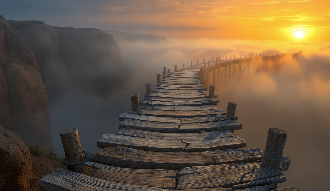 Photorealistic image of a partially built wooden bridge over a misty chasm at dawn, with broken planks leading toward golden sunrise light, symbolizing building resilience as a founder rebuilding Foodiwant after setbacks.