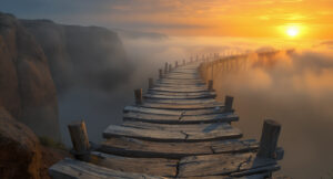 Photorealistic image of a partially built wooden bridge over a misty chasm at dawn, with broken planks leading toward golden sunrise light, symbolizing building resilience as a founder rebuilding Foodiwant after setbacks.