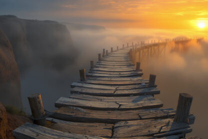 Photorealistic image of a partially built wooden bridge over a misty chasm at dawn, with broken planks leading toward golden sunrise light, symbolizing building resilience as a founder rebuilding Foodiwant after setbacks.