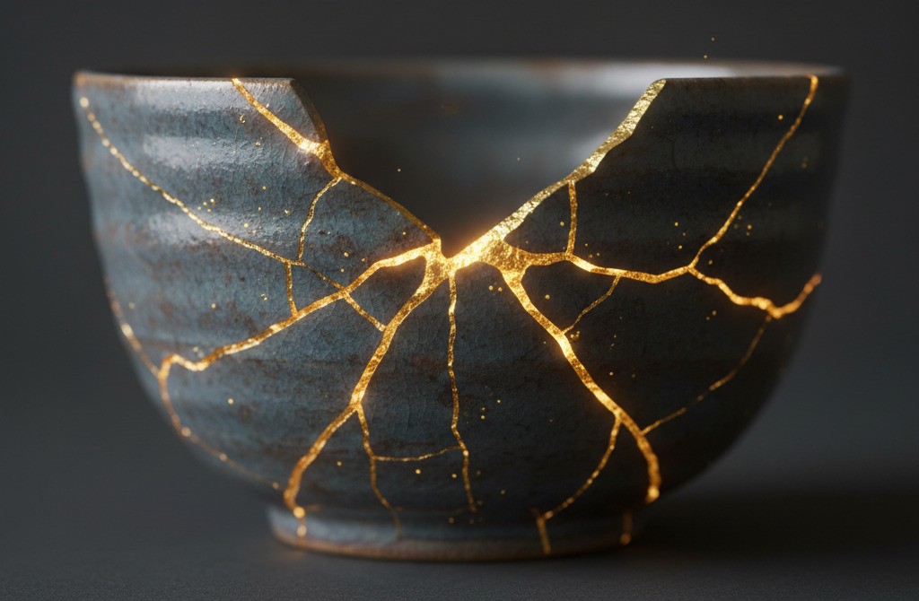 Close-up of a cracked ceramic bowl repaired with glowing gold seams, symbolizing resilience and beauty through brokenness in The Sanctuary in the Abyss.