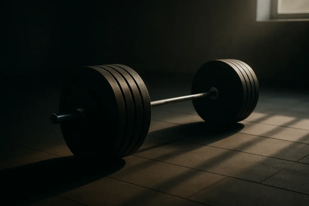 Cinematic photo of an empty Olympic barbell resting on a gym floor in soft natural light, symbolizing the injury, stress, and resilience of a 90-day keto transformation journey.