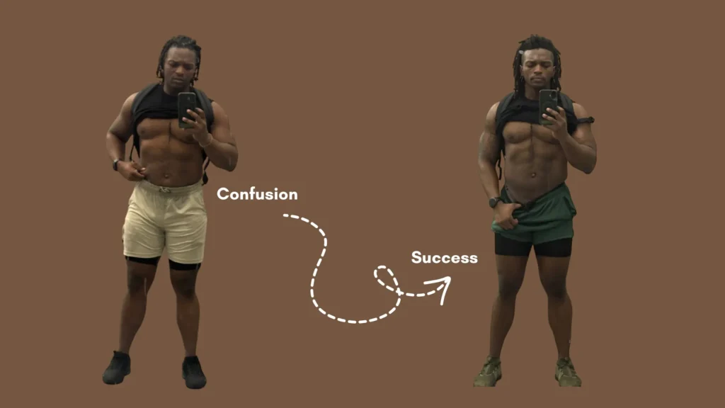 Before and after comparison showing Mario McKenzie's 90-day keto transformation results with visible fat loss and muscle definition, labeled with confusion to success journey path on brown background.