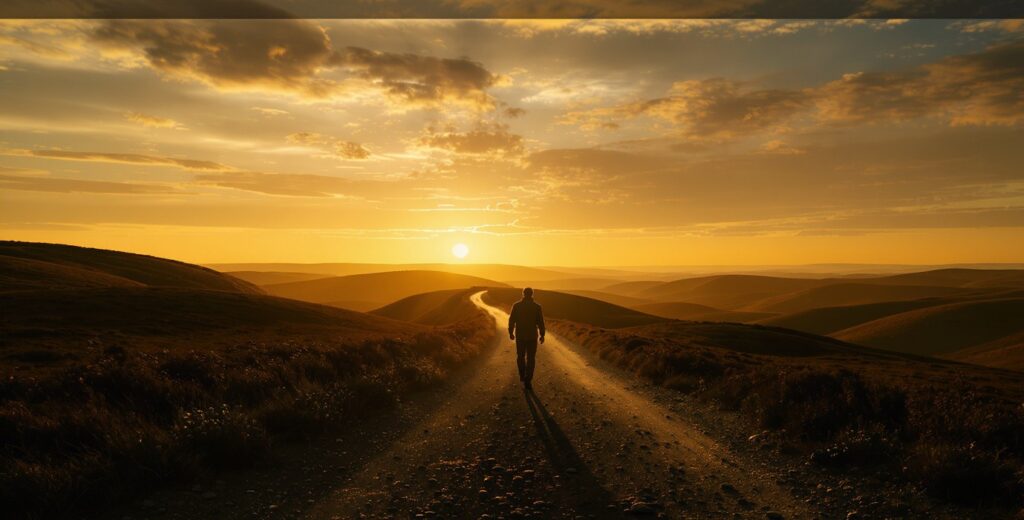 Photorealistic image of a lone figure walking along a winding dirt path through rolling hills at golden hour, bathed in warm amber light with a long shadow stretching forward, symbolizing perseverance, faith, and resilience on a personal journey.