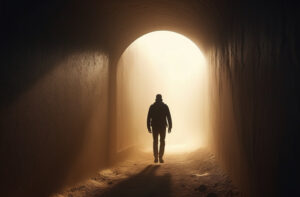 Silhouette of a man walking upward from a dark tunnel into golden morning light, symbolizing recovery and strength in The Sanctuary in the Abyss.