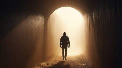 Silhouette of a man walking upward from a dark tunnel into golden morning light, symbolizing recovery and strength in The Sanctuary in the Abyss.