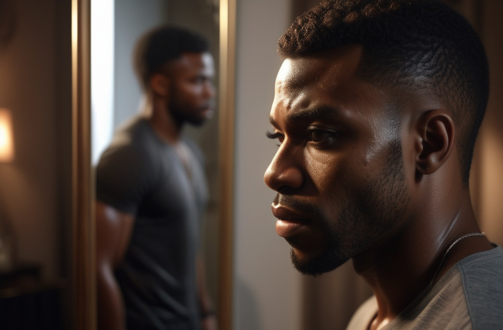 A man stands before a mirror in a dimly lit room, half in shadow and half in light, symbolizing self-confrontation and growth in The Sanctuary in the Abyss.