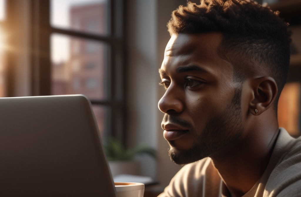 A man sits at a desk in soft morning light with an open laptop and coffee, symbolizing quiet rebuilding and focus in The Sanctuary in the Abyss.