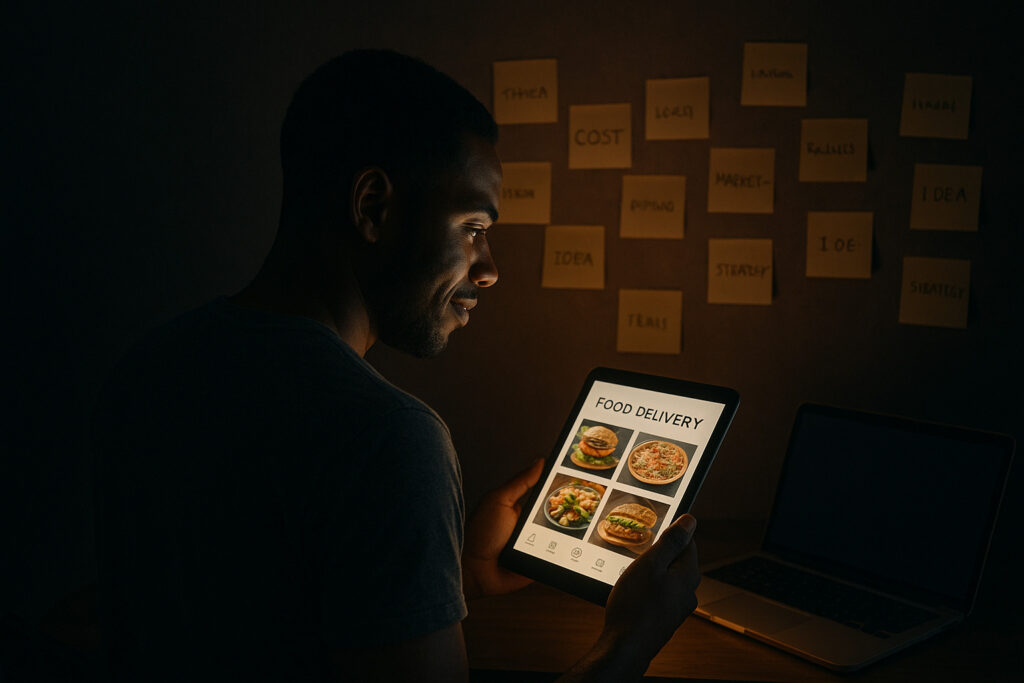 A young entrepreneur works late at night, sketching the idea for Foodiwant, symbolizing the birth of a dream and the hope behind letting go of a failed startup.