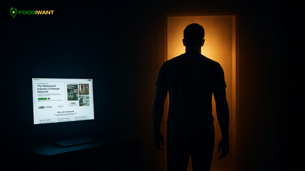 Photo of Foodiwant on a glowing computer screen as an entrepreneur walks away, symbolizing closure and letting go of a failed startup.