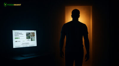 Photo of Foodiwant on a glowing computer screen as an entrepreneur walks away, symbolizing closure and letting go of a failed startup.