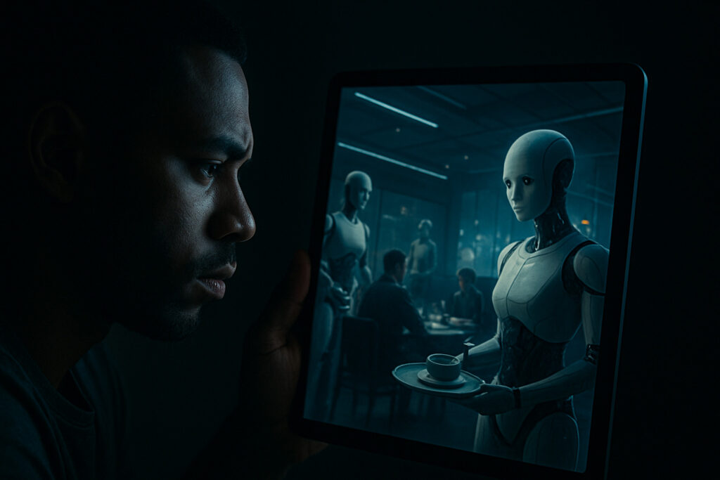 A man looks into a restaurant of the future where robots replace human workers, symbolizing the realization behind letting go of a failed startup.