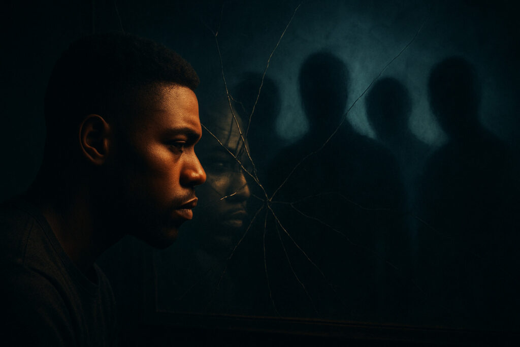 A man leans his head against cracked glass while shadowy figures loom on the other side, symbolizing resilience through darkness and internal struggle.