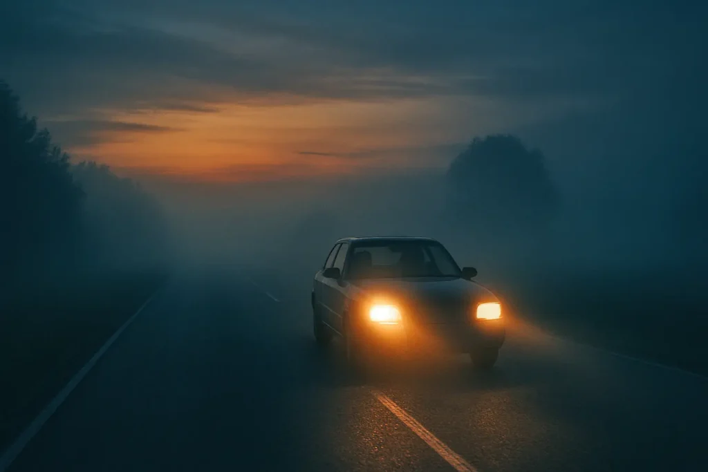 A car drives through darkness at 5 a.m. with very low visibility, symbolizing resilience through darkness and the struggle of navigating life with CSCR.