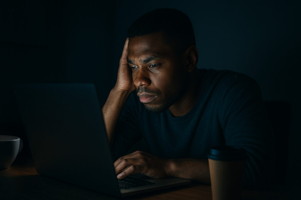 A man working alone late at night, lit only by the glow of his computer screen, symbolizing resilience through darkness during overwhelming challenges.