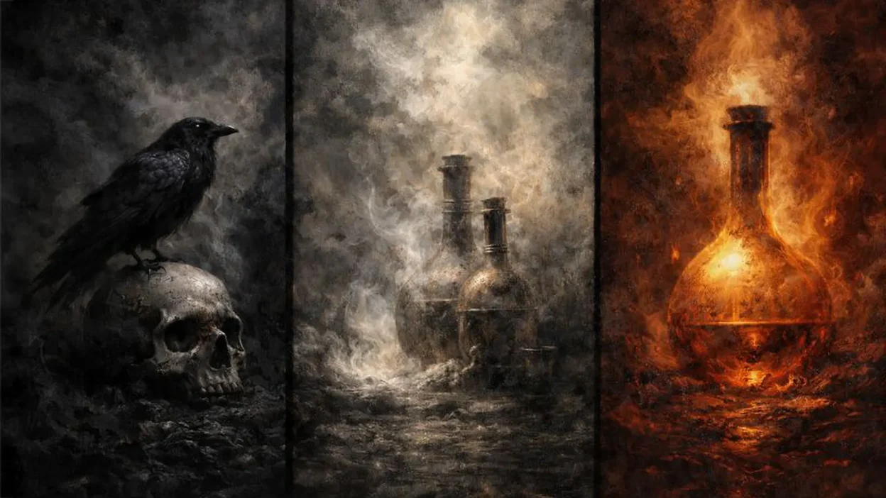 A three-panel alchemical art piece depicting Nigredo with a black raven on a skull, Albedo with misty flasks, and Rubedo with a glowing fiery vessel.