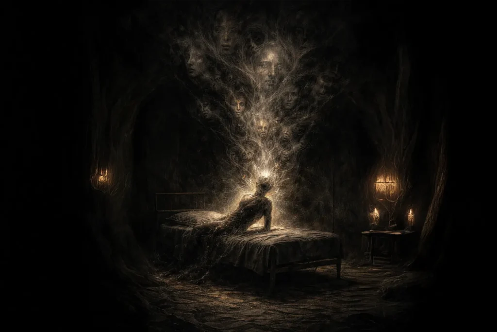 A dark, surreal illustration of a person sitting up in a hospital bed with glowing spiritual faces emerging from their mind into a dark void.