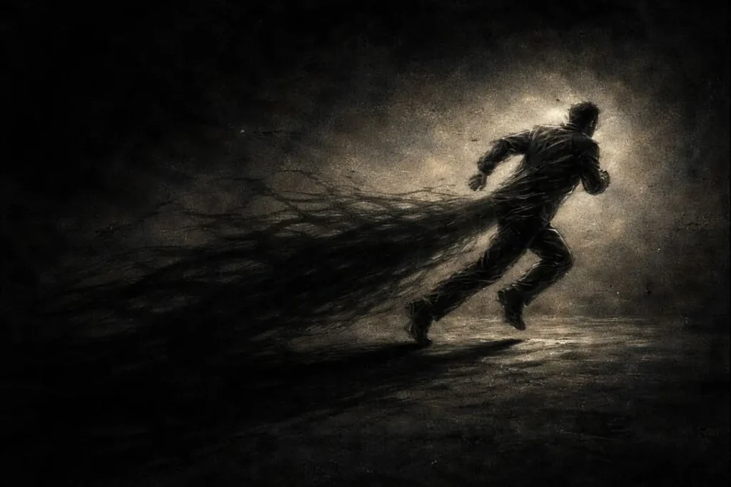 A dark, cinematic illustration of a man running toward a light while being chased or held back by swirling black smoke and shadows.